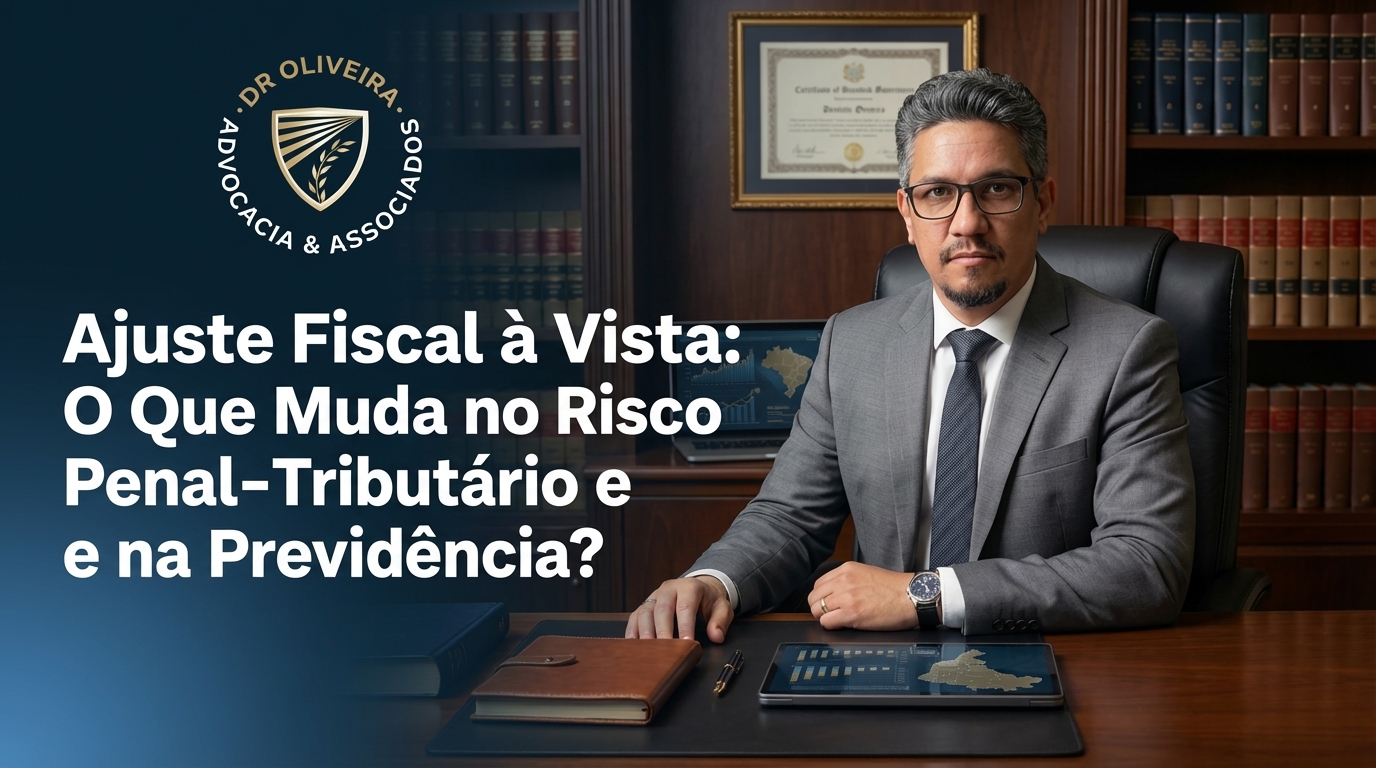 Dr. Oliveira, advogado criminal renomado, em escritório moderno e luxuoso com fundo azul gradiente - Ajuste Fiscal à Vista: O Que Muda no Risco Penal-Tributário e na Previdência?