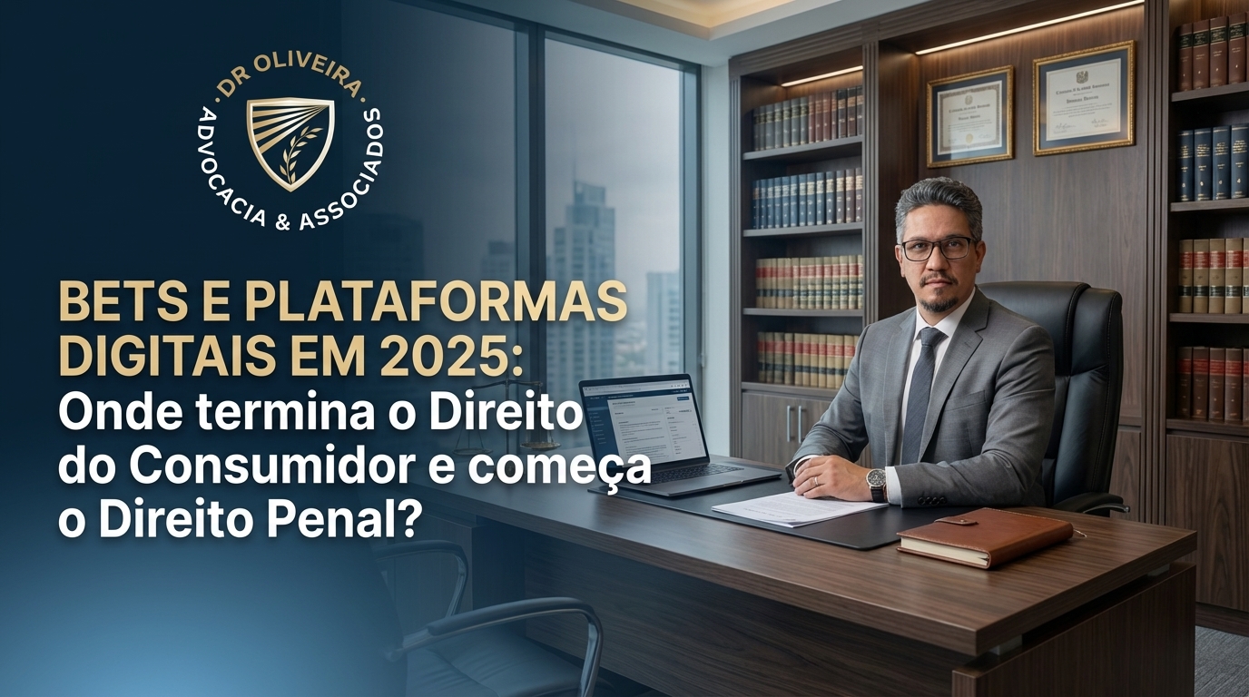 Dr. Oliveira, advogado criminal renomado, em escritório moderno e luxuoso com fundo azul gradiente - Bets e Plataformas Digitais em 2025: Onde termina o Direito do Consumidor e começa o Direito Penal?