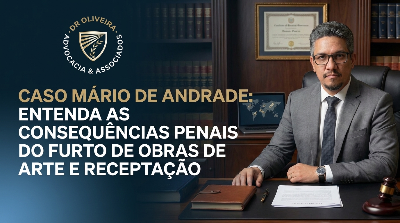 Dr. Oliveira, advogado criminal renomado, em escritório moderno e luxuoso com fundo azul gradiente analisando processo judicial sobre furto de arte