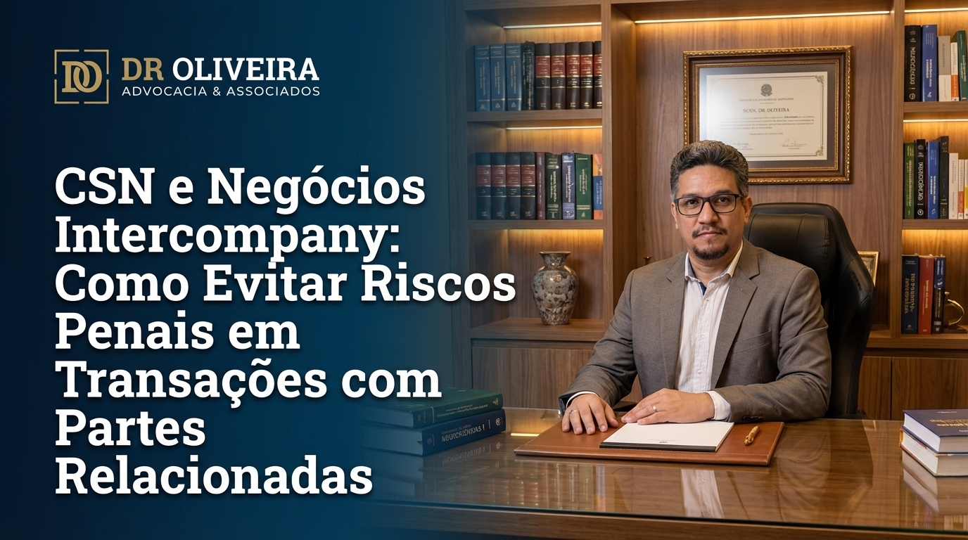 Dr. Oliveira, advogado criminal renomado, em escritório moderno e luxuoso com fundo azul gradiente - CSN e Negócios Intercompany: Como Evitar Riscos Penais em Transações com Partes Relacionadas