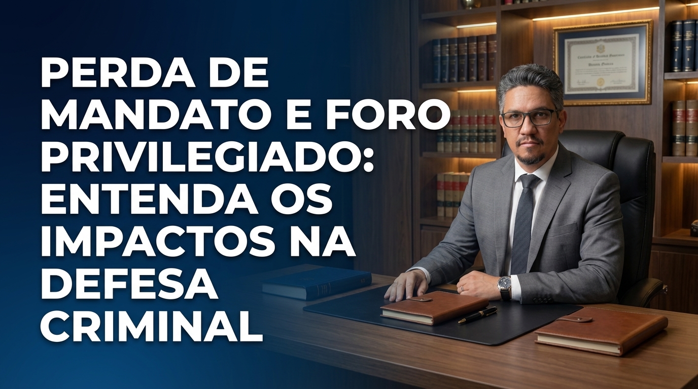 Dr. Oliveira, advogado criminal renomado, em escritório moderno e luxuoso com fundo azul gradiente - Perda de Mandato e Foro Privilegiado: Entenda os impactos na Defesa Criminal