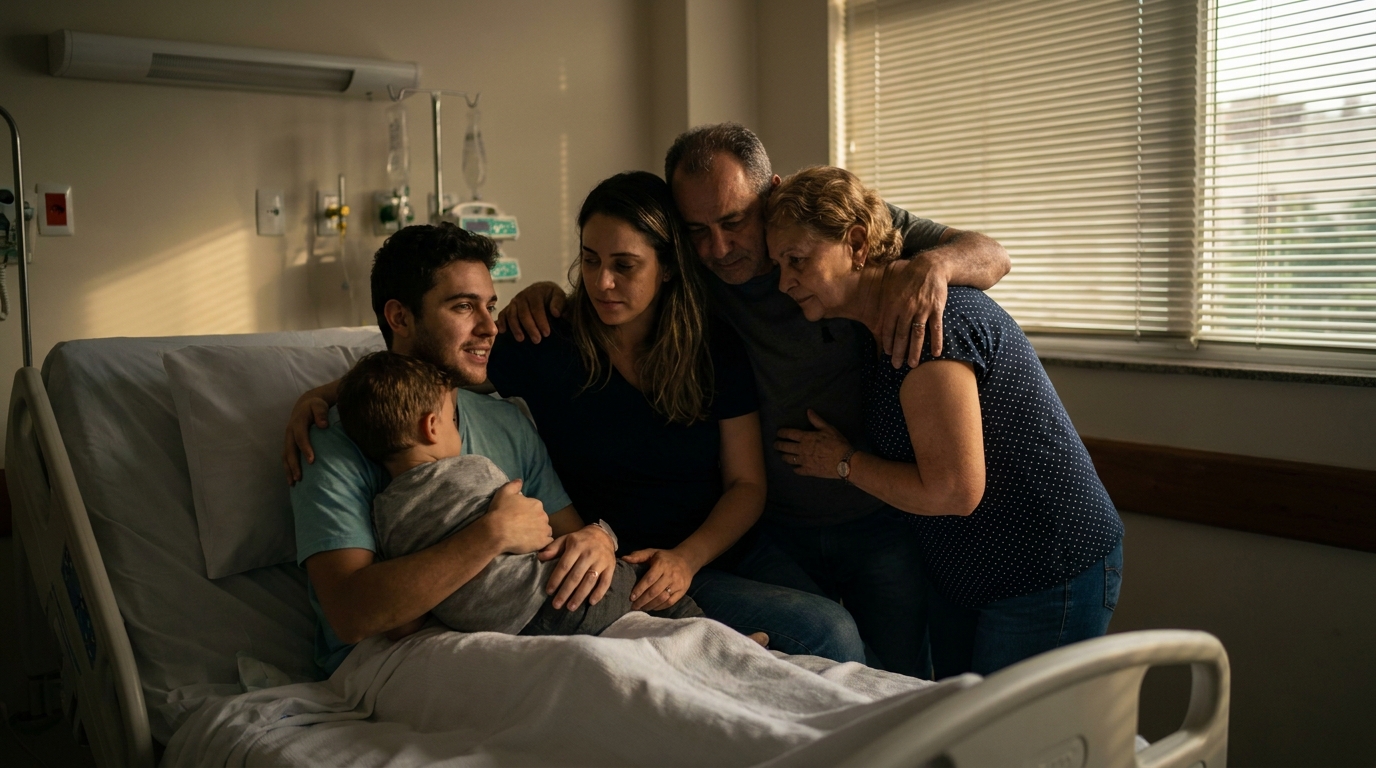 Família brasileira abraçada demonstrando alívio e esperança no quarto de um hospital