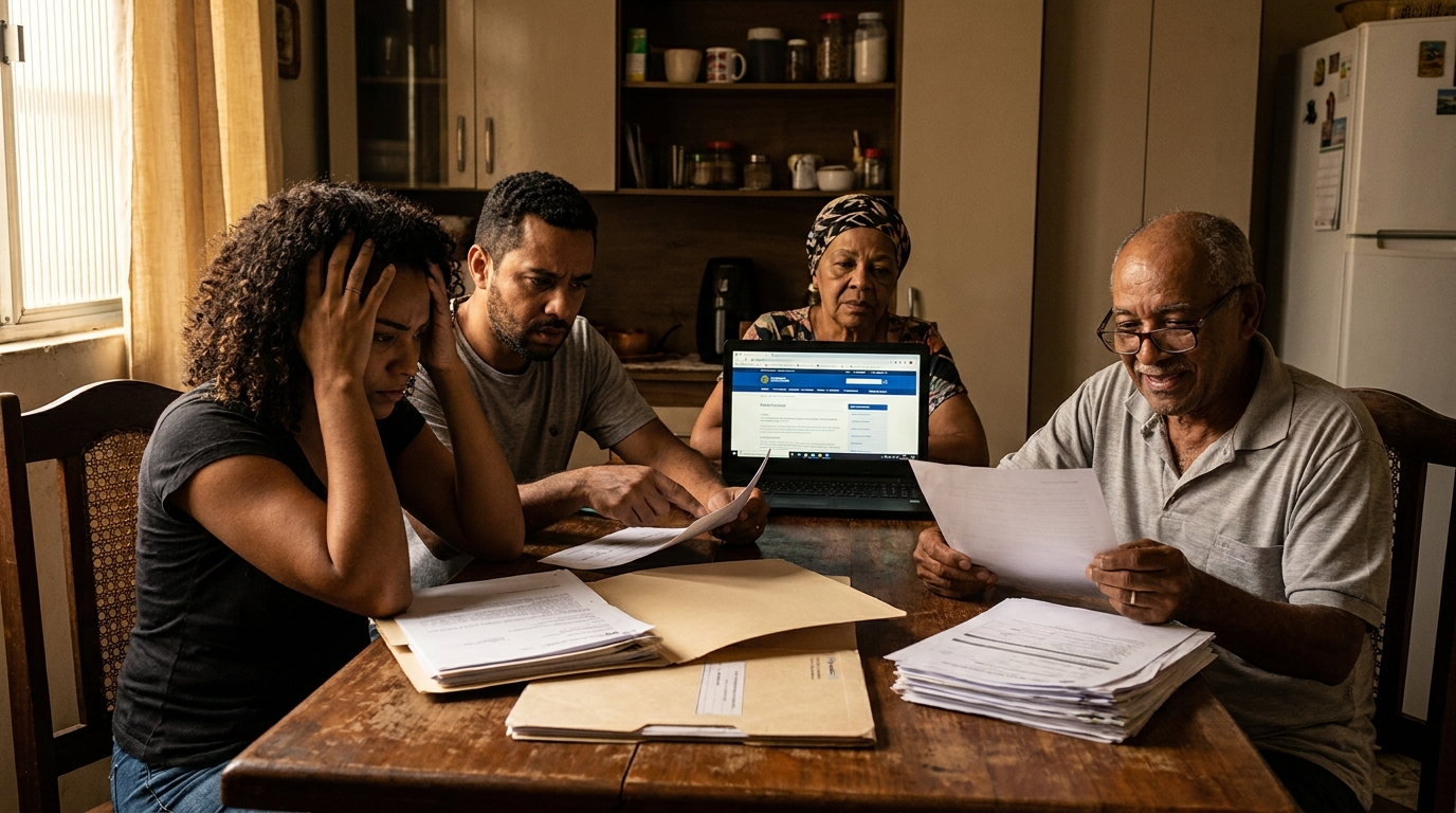 Família brasileira preocupada e angustiada revisando documentos médicos na mesa da sala de jantar após receber diagnóstico de doença grave, buscando entender seus direitos do paciente com câncer