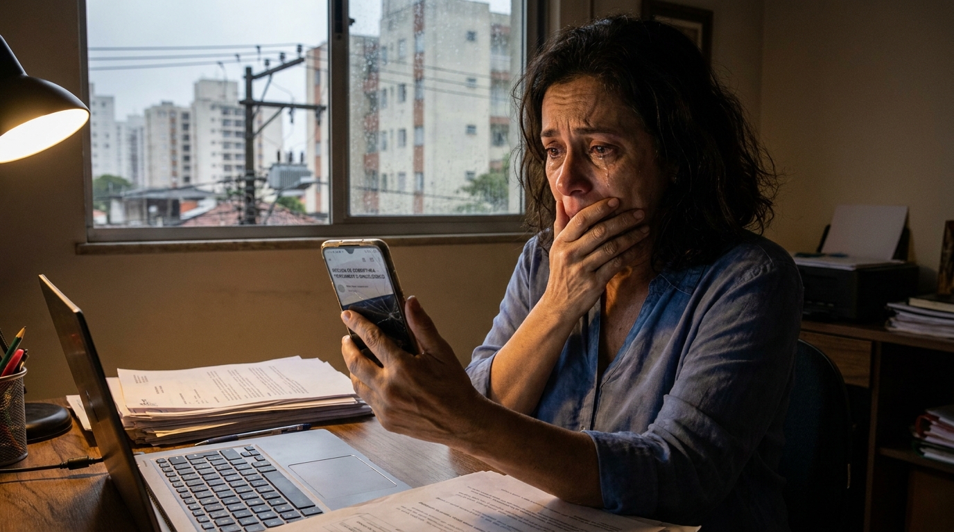 Mulher brasileira com expressão de exaustão e desespero segurando o celular enquanto lê e-mail de recusa de cobertura plano de saúde oncologia em seu ambiente de trabalho