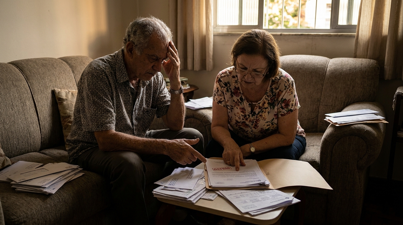 Casal brasileiro idoso sentado no sofá de casa com expressões de angústia analisando faturas médicas e notificações de negativa de tratamento de alto custo pelo convênio médico