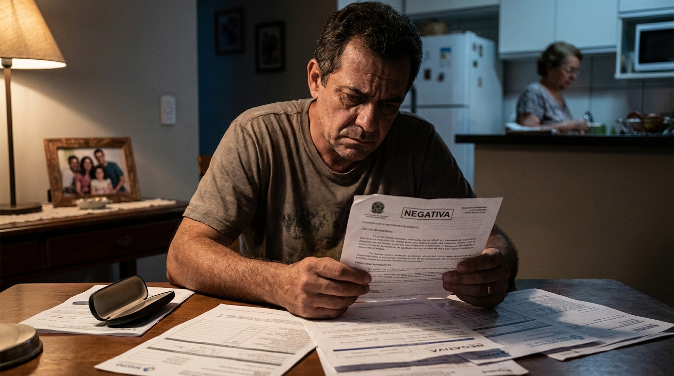 Pai de família brasileiro angustiado sentado na mesa da sala com contas médicas e a carta de recusa do plano de saúde nas mãos