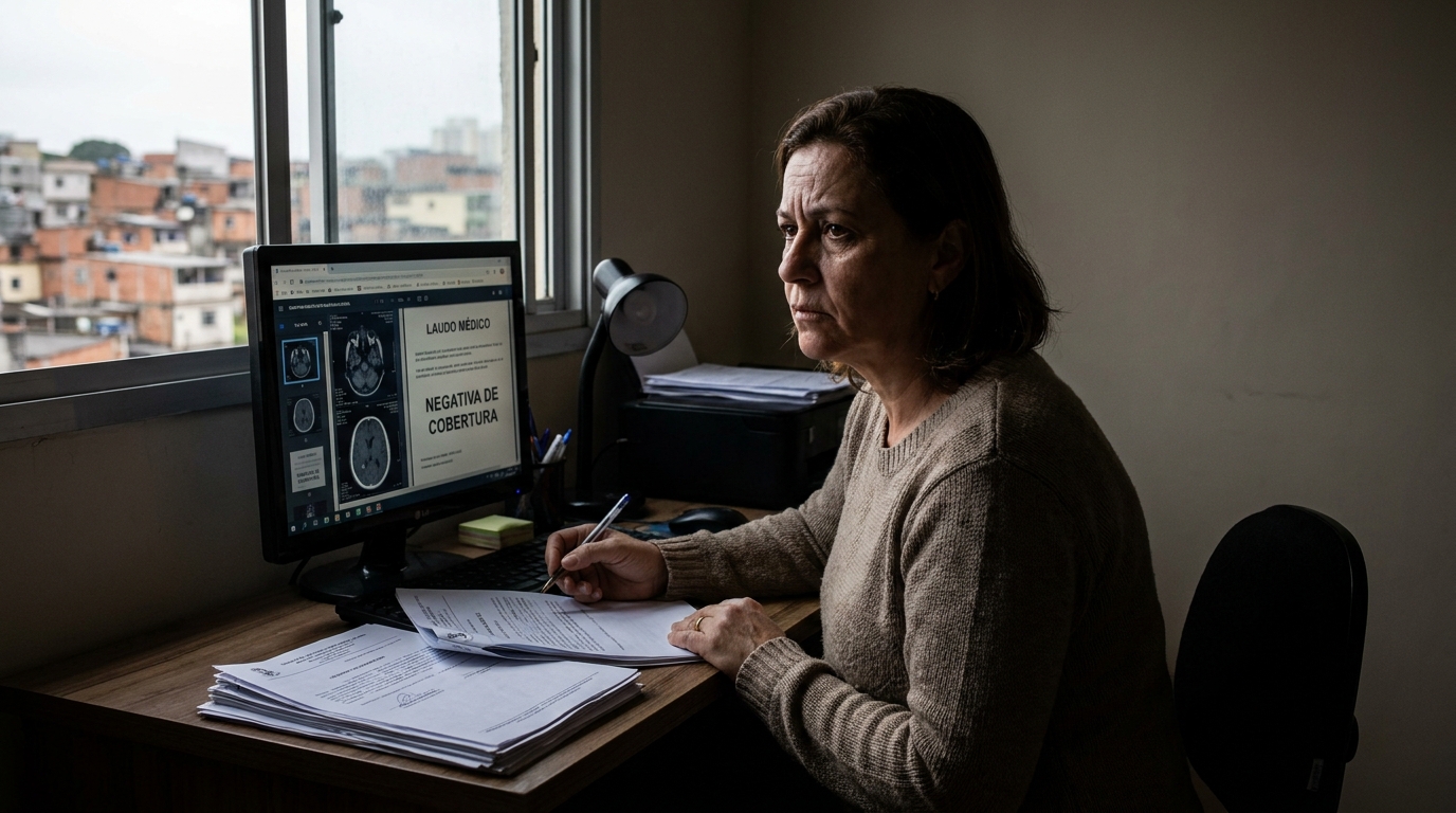 Mulher brasileira resiliente e determinada revisando documentos em uma mesa de escritório com a tela do computador exibindo laudos médicos