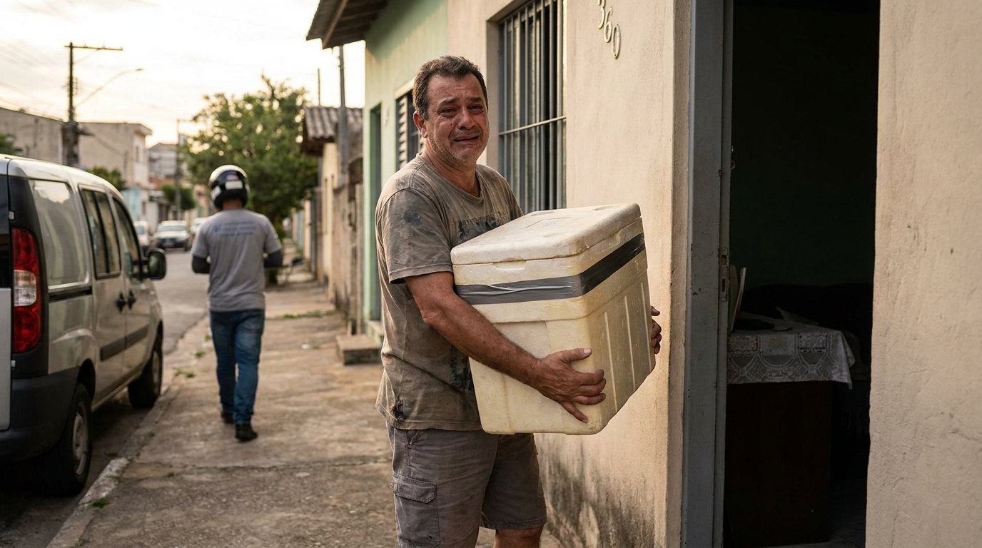 Homem brasileiro de meia idade com expressão de alívio segurando uma caixa de medicamento de alto custo recém-entregue em sua casa