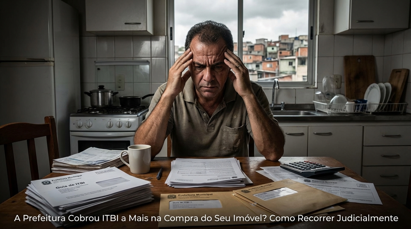 Cidadão brasileiro preocupado analisando guias de impostos e contratos imobiliários na mesa de casa - A Prefeitura Cobrou ITBI a Mais