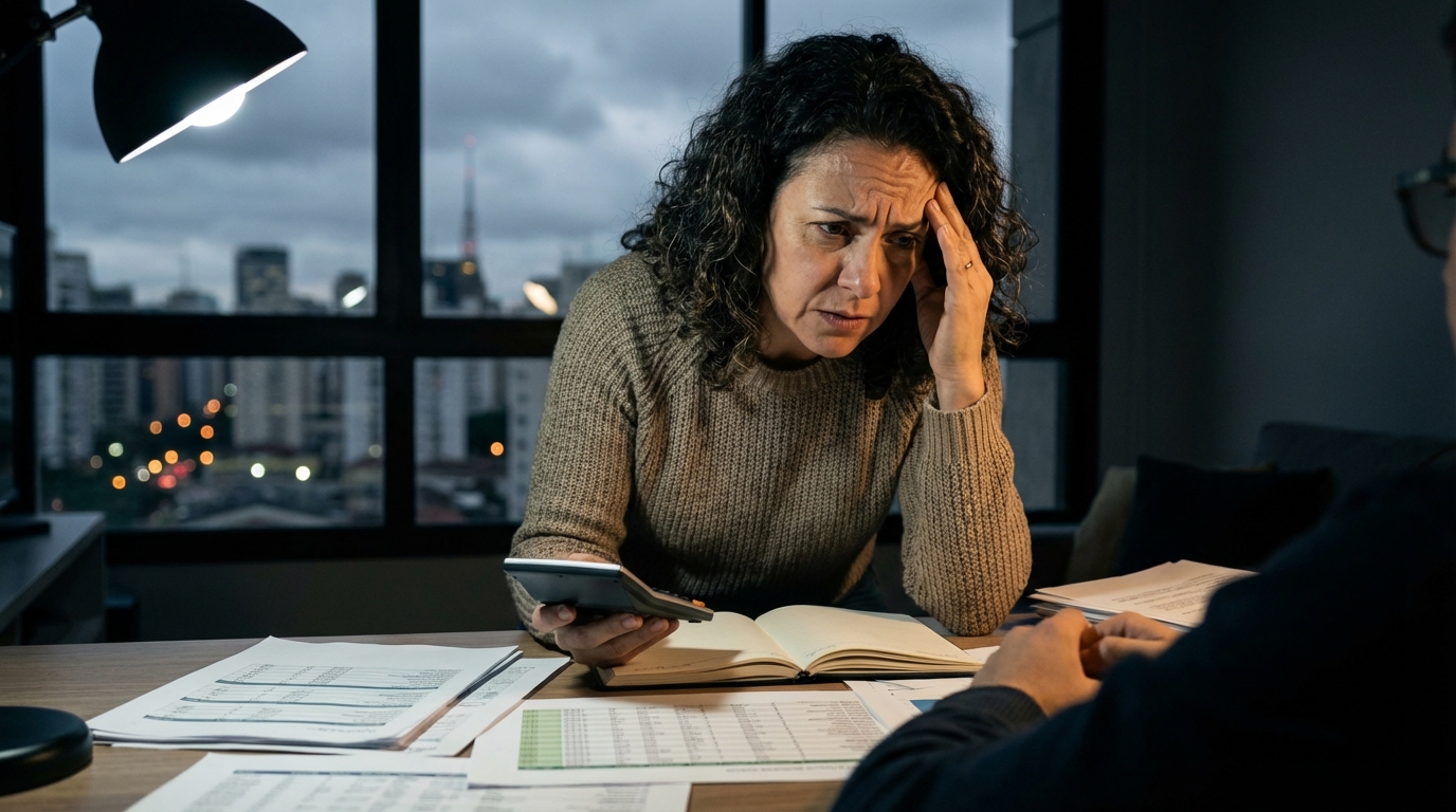 Empresária brasileira em escritório moderno fazendo cálculos em calculadora com expressão de frustração sobre custos de imóvel