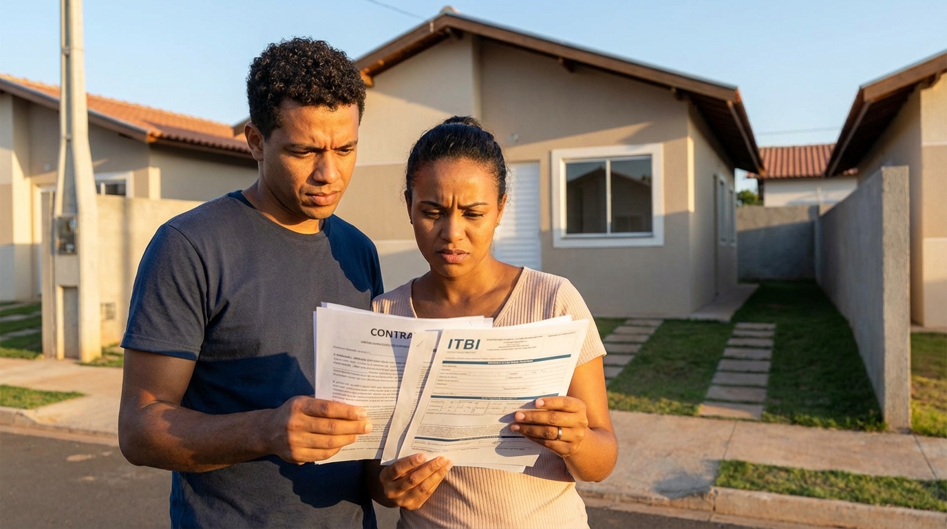 Casal brasileiro diverso em frente a um imóvel recém-comprado segurando documentos com expressão de dúvida