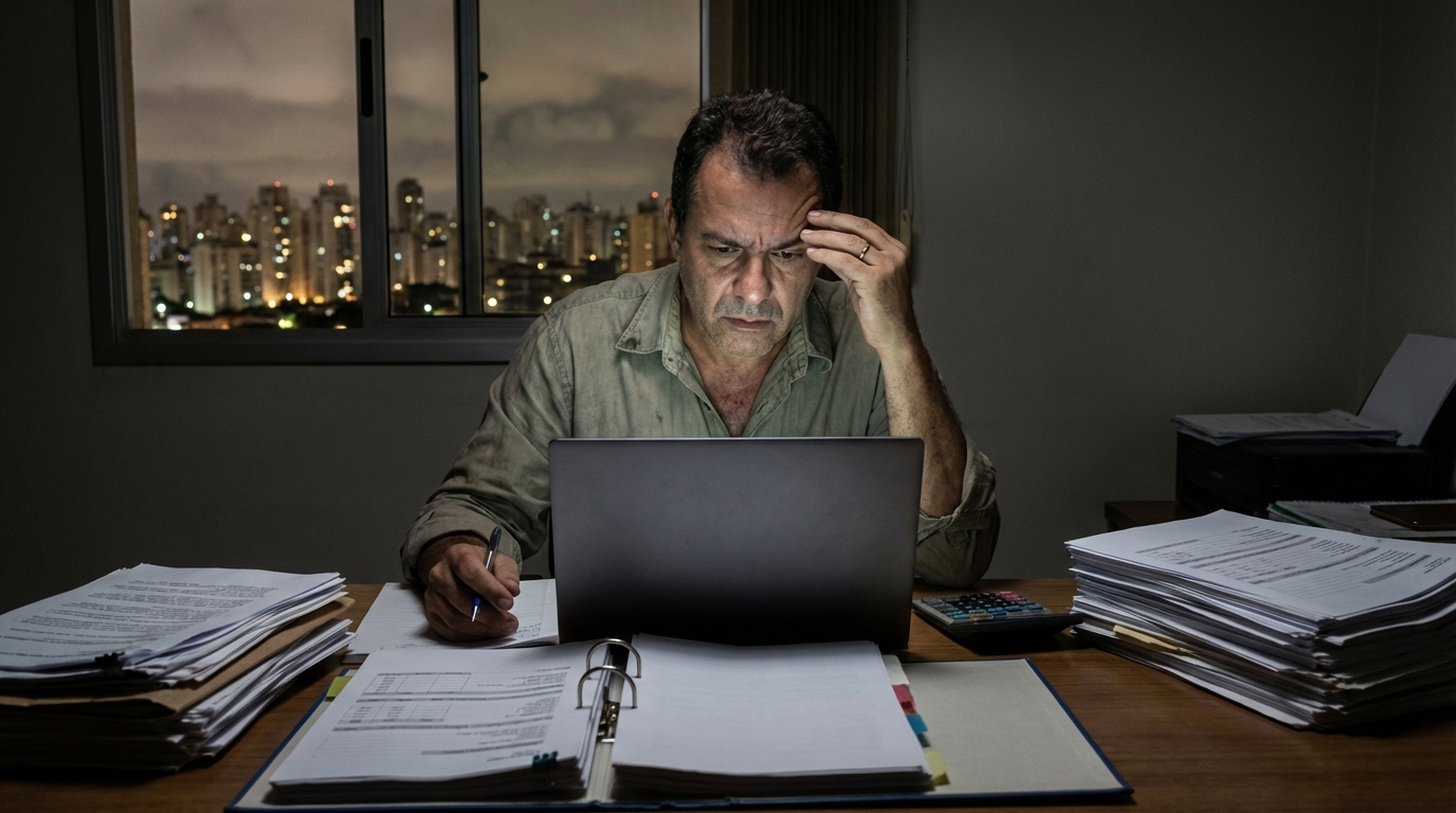 Gestor financeiro brasileiro revisando planilhas de custos em um notebook com pilhas de papéis ao lado
