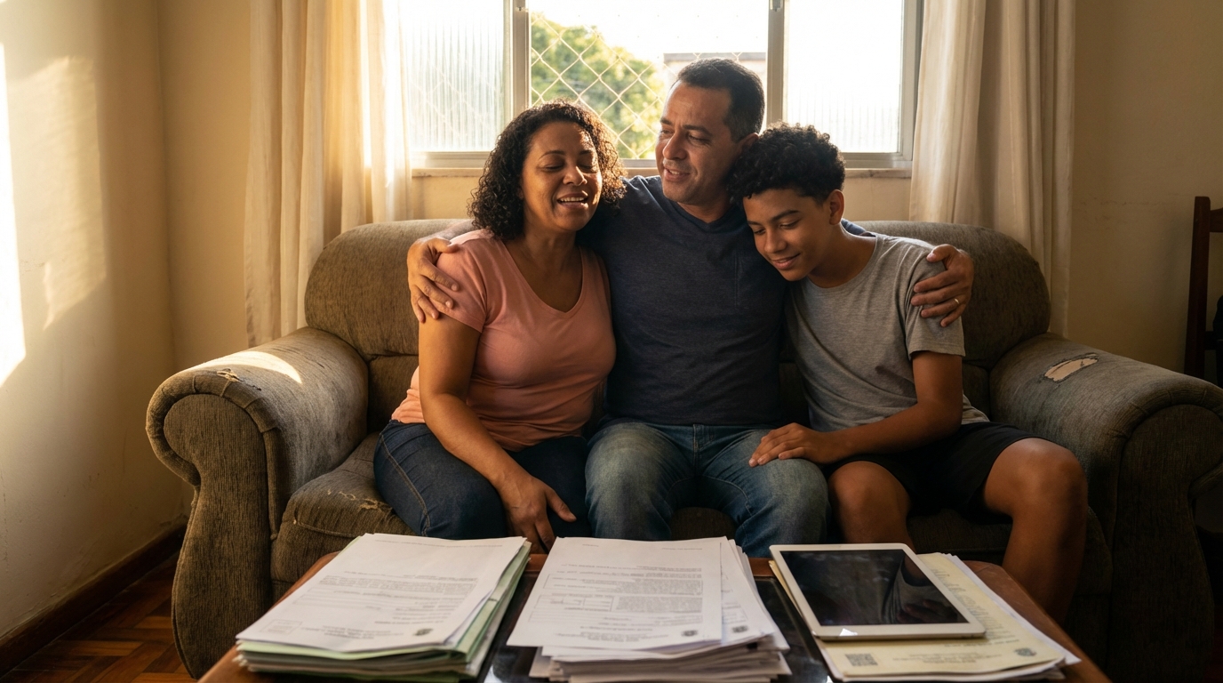 Família brasileira aliviada e sorridente sentada no sofá da casa nova após resolver pendências financeiras