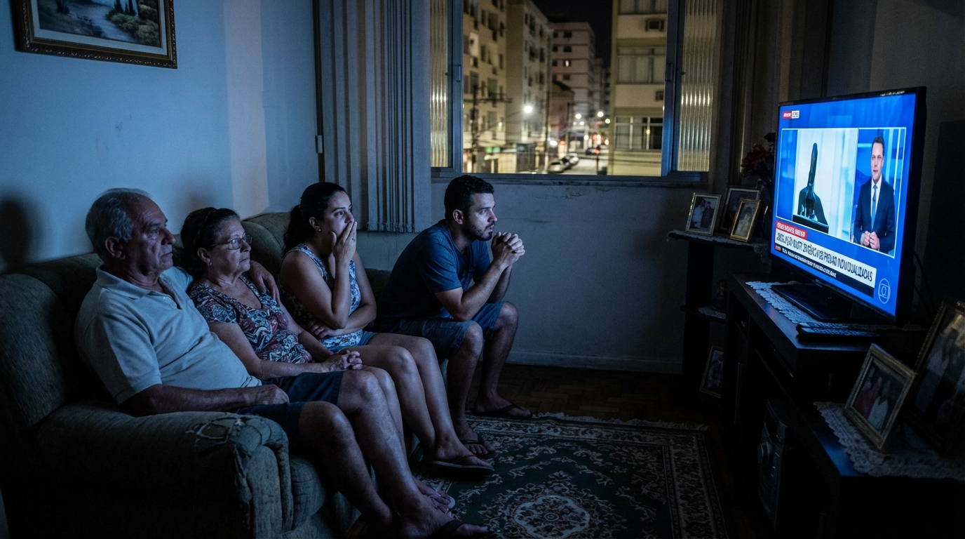 Família brasileira angustiada na sala de estar assistindo noticiário noturno, temendo injustiças em processos coletivos - absolvição STF