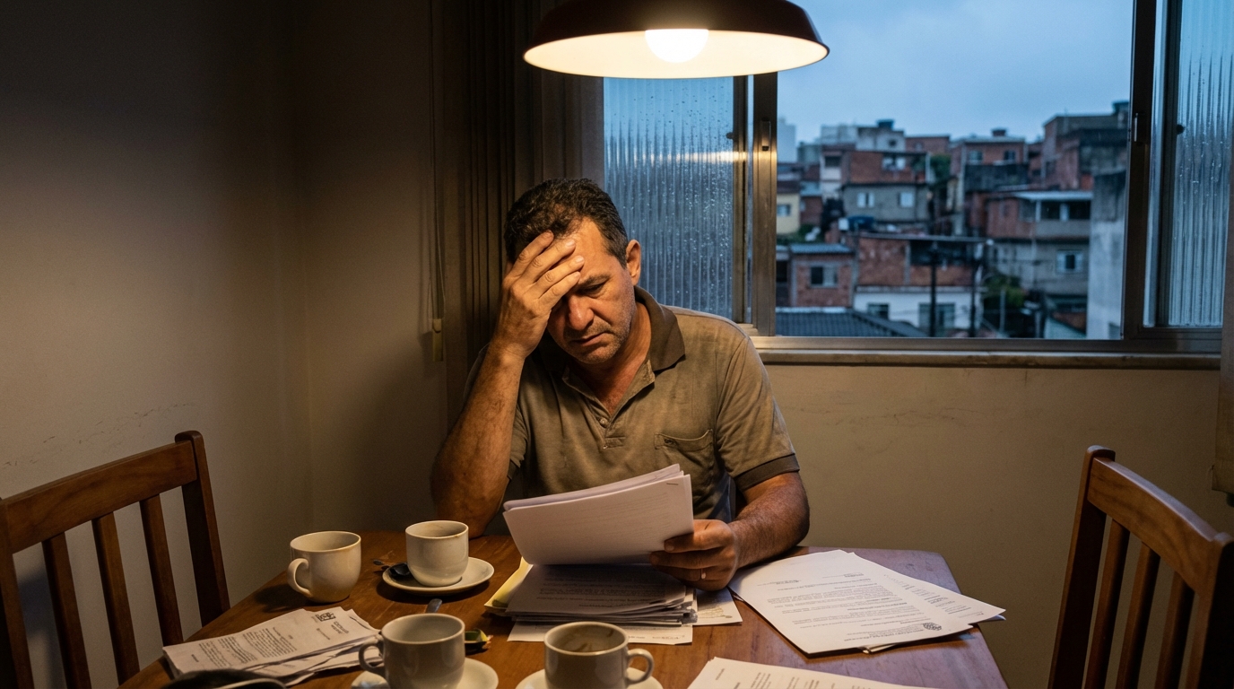 Cidadão brasileiro em sua mesa de jantar revisando documentos com expressão de tensão e preocupação - individualização da conduta