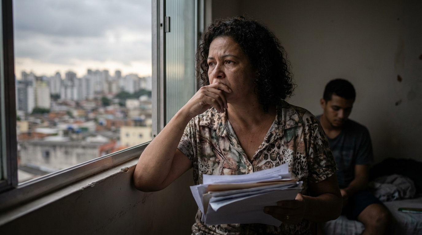 Mãe trabalhadora brasileira segurando papéis e olhando pela janela com preocupação sobre o futuro de seu filho - advogado criminalista