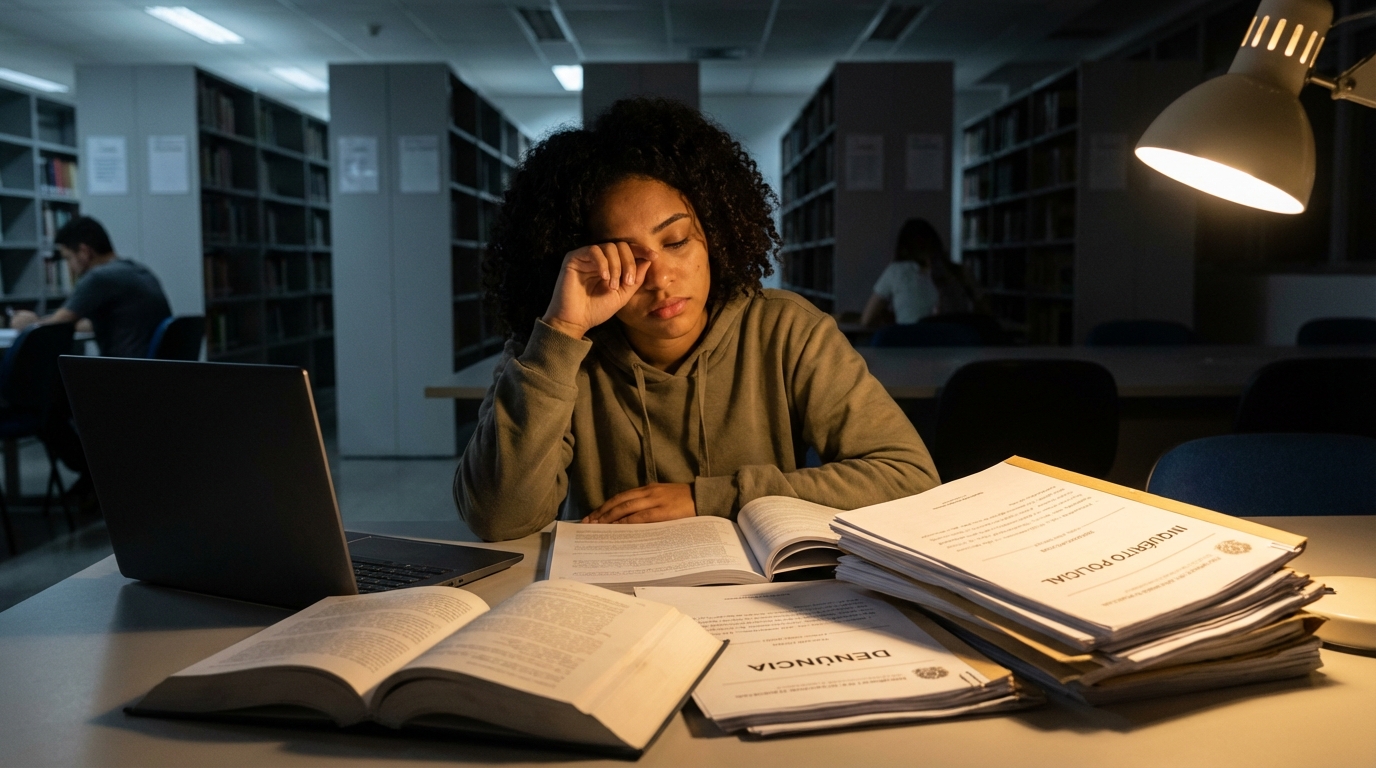Estudante universitária brasileira frustrada e cansada estudando processos disciplinares na biblioteca durante a madrugada - devido processo legal