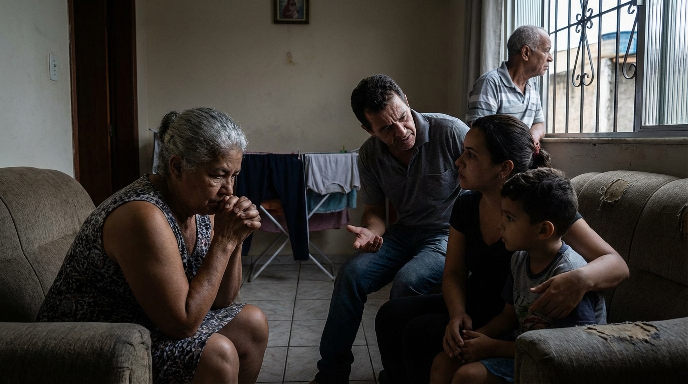Grupo de familiares brasileiros de diversas idades conversando seriamente e preocupados em uma modesta sala de casa - presunção de inocência