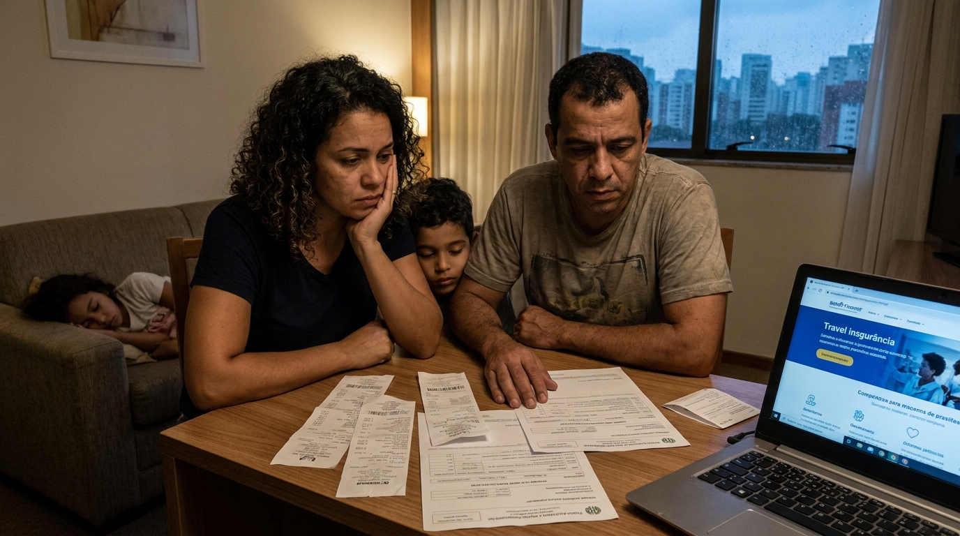 Família brasileira angustiada em um quarto de hotel analisando contas médicas e recibos espalhados sobre a mesa