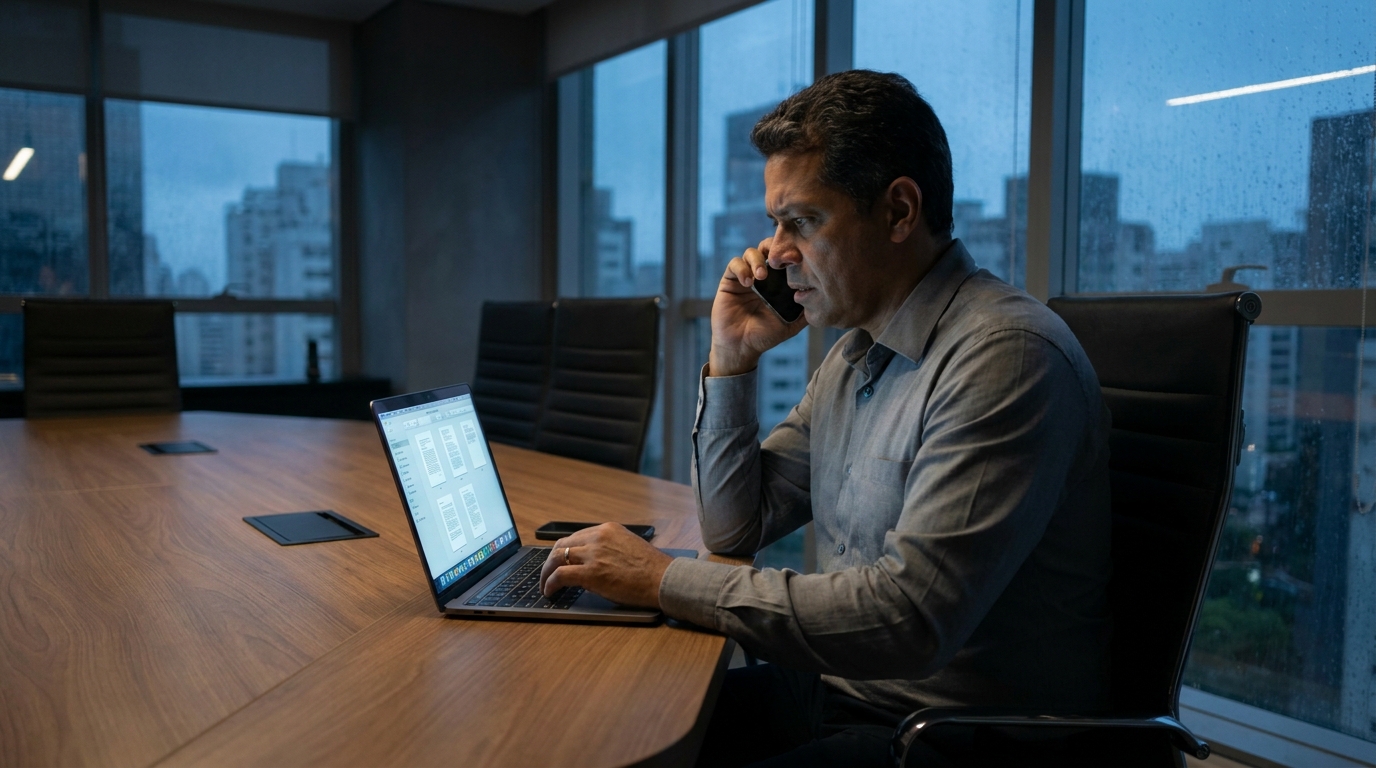 Empresário brasileiro preocupado segurando o celular enquanto olha para a tela do notebook em uma sala de reuniões vazia