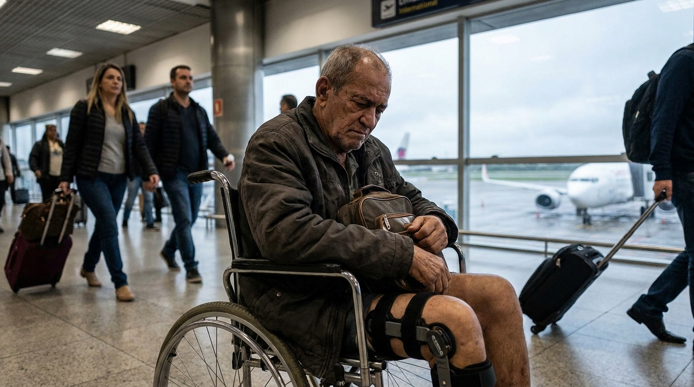 Idoso brasileiro com expressão de dor sentado em uma cadeira de rodas no saguão de um aeroporto internacional