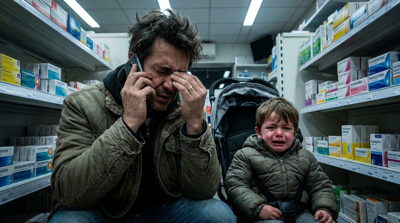 Pai de família brasileiro exausto segurando o telefone celular ao lado do filho pequeno chorando em uma farmácia no exterior