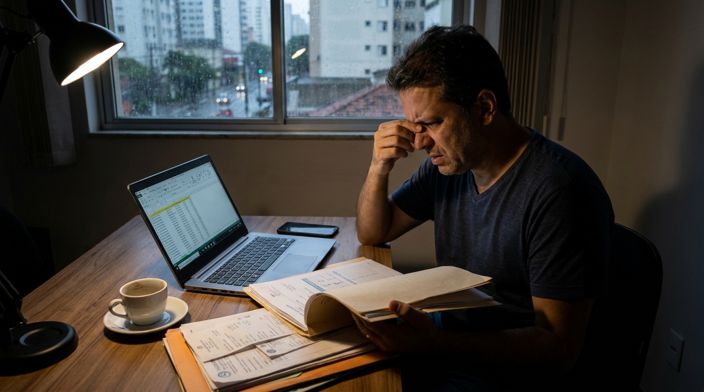 Diretor financeiro brasileiro com semblante tenso revisando relatórios contábeis e despesas médicas não reembolsadas em seu escritório corporativo