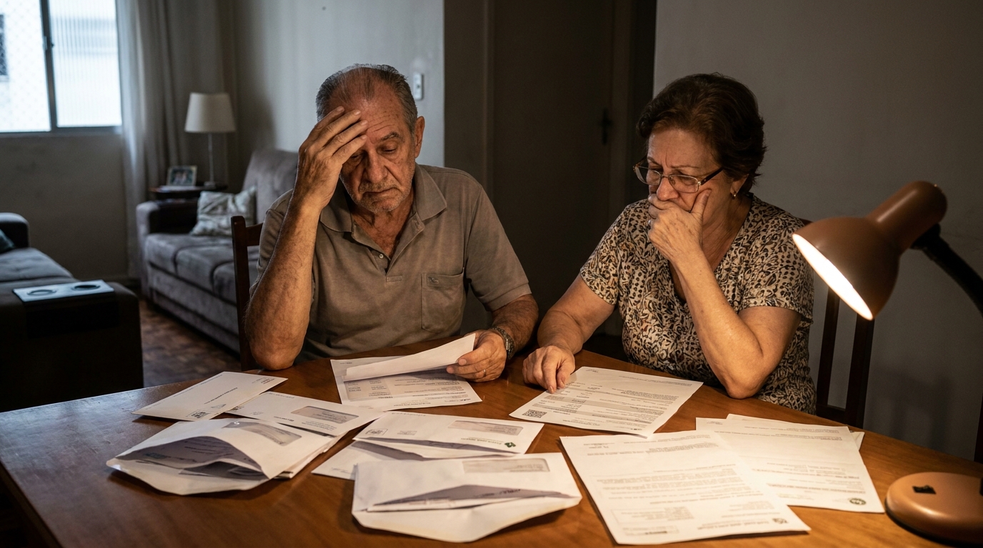 Casal de idosos brasileiros com expressão de tristeza e frustração observando uma pilha de cartas com negativas do seguro saúde sobre a mesa da sala
