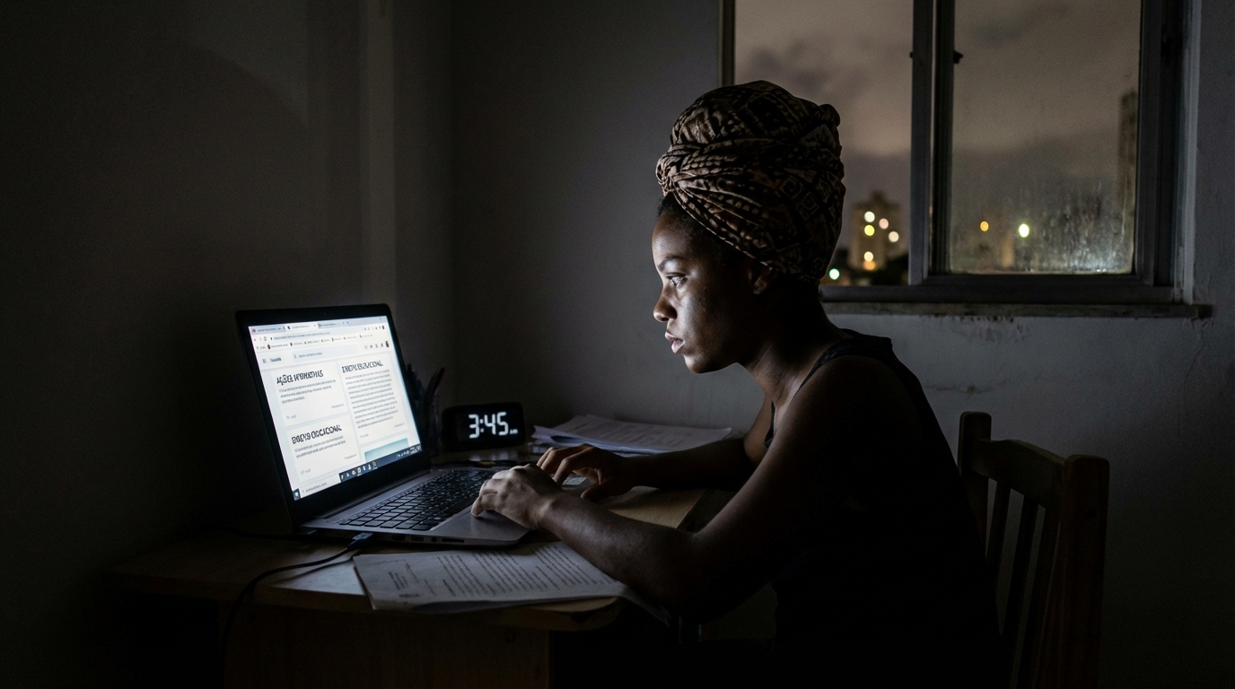 Jovem estudante negra brasileira focada estudando de madrugada iluminada pela luz do notebook com expressão de determinação em buscar ações afirmativas