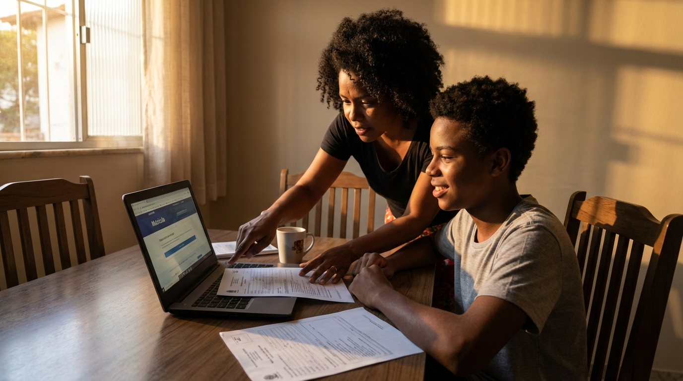 Mãe e filho brasileiros negros sentados à mesa da sala de jantar analisando documentos de matrícula no notebook com expressões de esperança