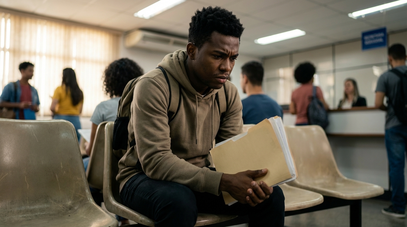 Estudante universitário brasileiro negro aguardando na secretaria da faculdade segurando uma pasta de documentos com expressão de preocupação