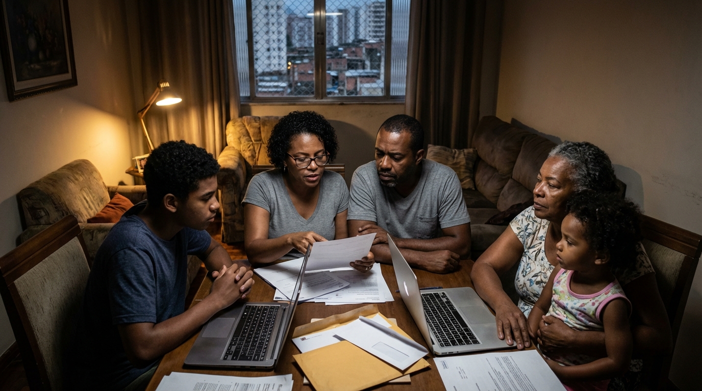 Família brasileira discutindo documentação legal em casa com expressões sérias e concentradas buscando soluções para o acesso à educação