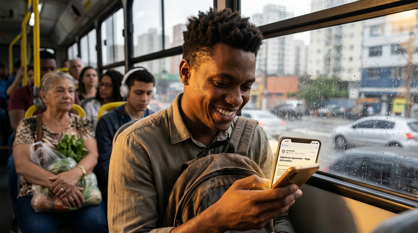 Jovem profissional negro sorrindo aliviado lendo um e-mail de aprovação de matrícula no celular enquanto aguarda no transporte público