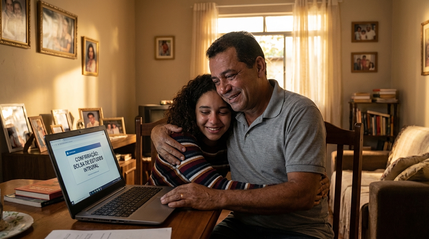 Pai trabalhador brasileiro abraçando a filha orgulhoso após ela receber a confirmação de bolsa de estudos integral no notebook