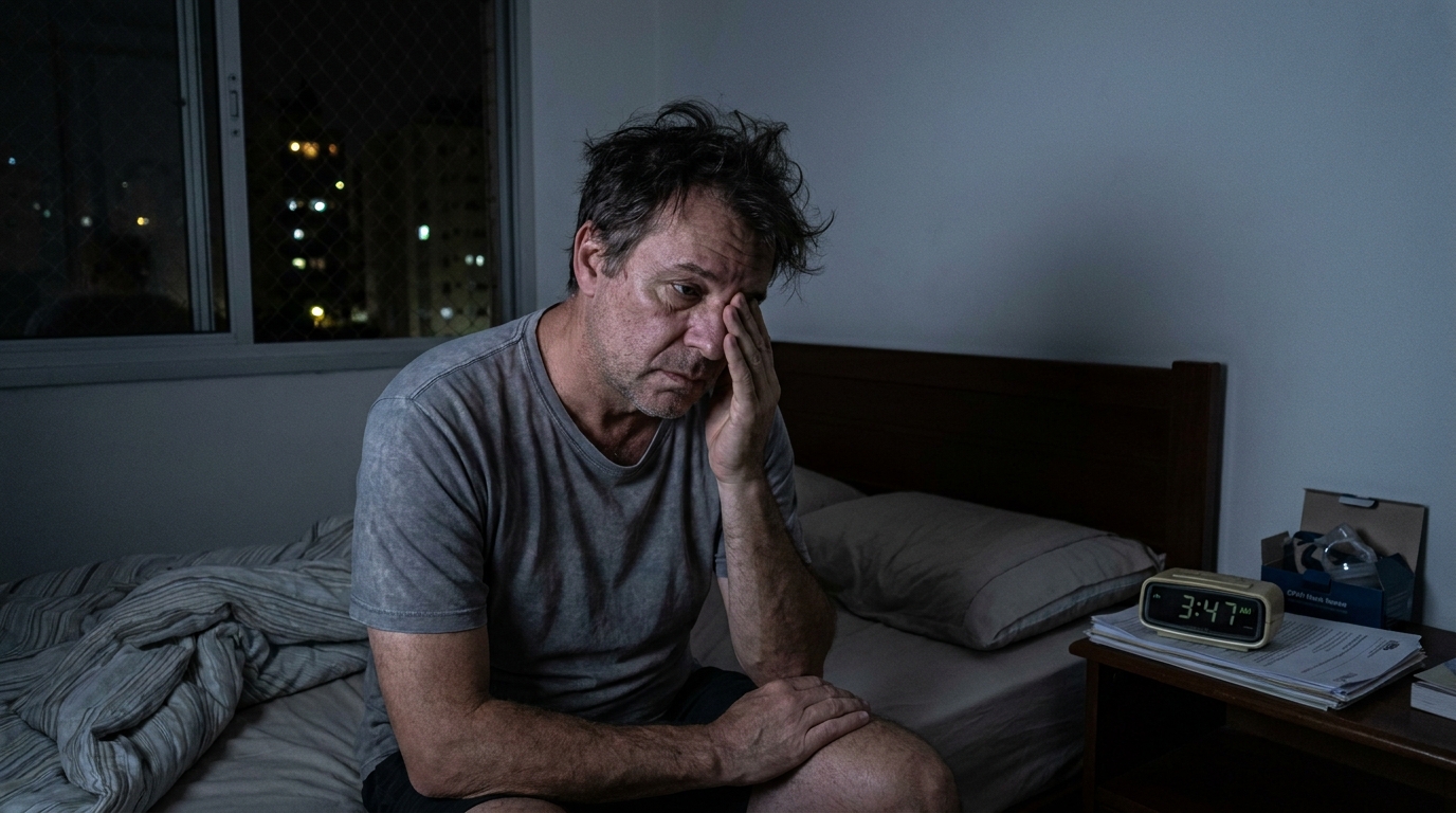 Homem brasileiro de meia idade com expressão de cansaço extremo sentado na beirada da cama durante a madrugada preocupado com sua apneia do sono e negativa polissonografia