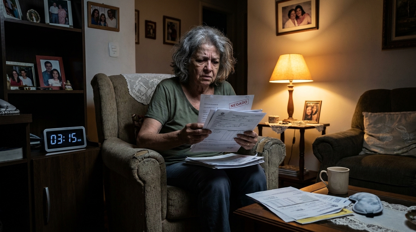 Mulher brasileira idosa segurando papéis do plano de saúde com expressão de frustração após negativa polissonografia em sua sala de estar