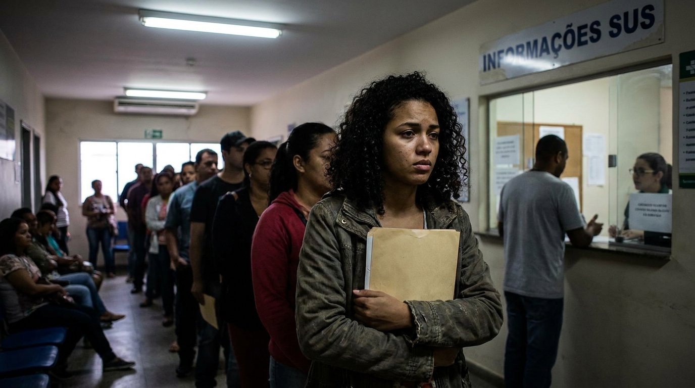Jovem trabalhadora brasileira em uma fila administrativa de posto de saúde aguardando informações com expressão preocupada buscando tratamento apneia do sono SUS