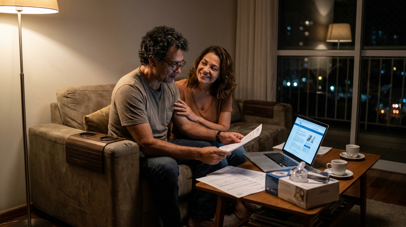 Casal brasileiro diversificado na sala de casa revisando laudos médicos com expressão de esperança após consultar advogado direito da saúde SP
