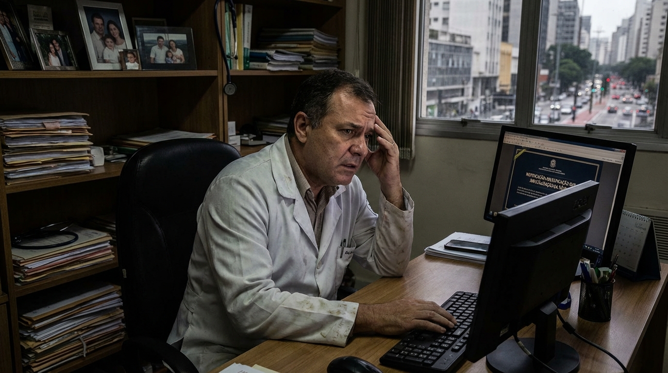Médico brasileiro em seu consultório olhando preocupado para uma notificação oficial em seu computador - fraude na judicialização da saúde