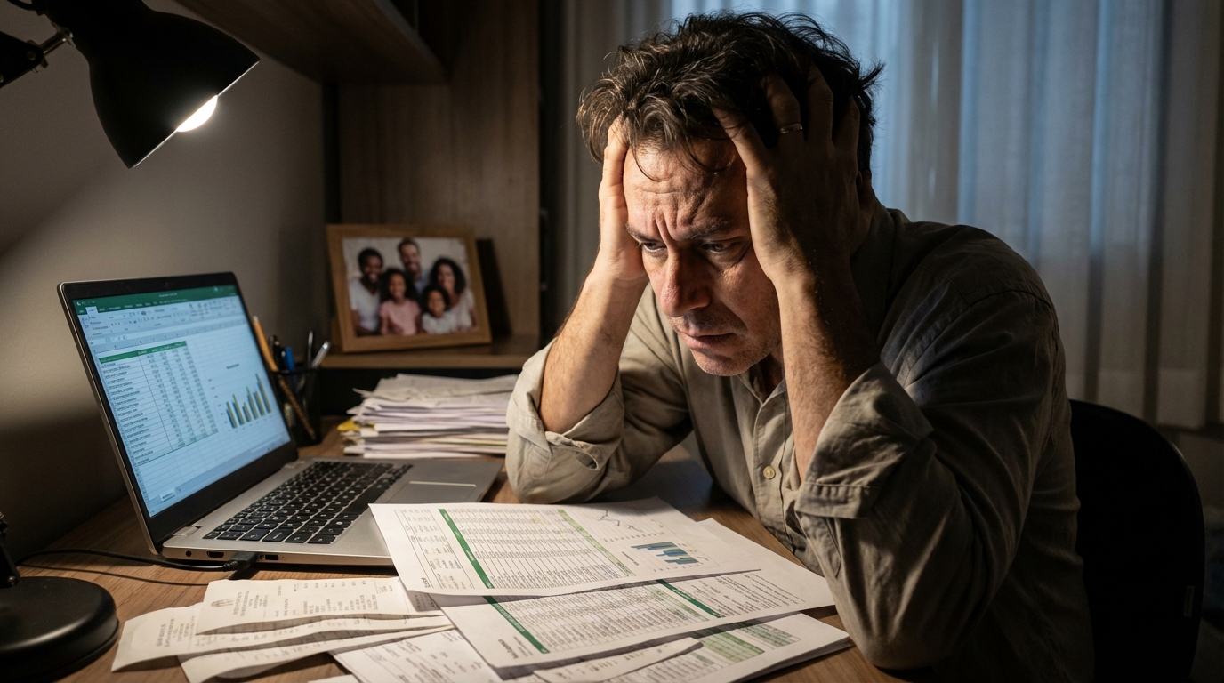 Empresário brasileiro dono de clínica médica revisando planilhas financeiras com expressão de angústia e tensão - crimes empresariais setor médico