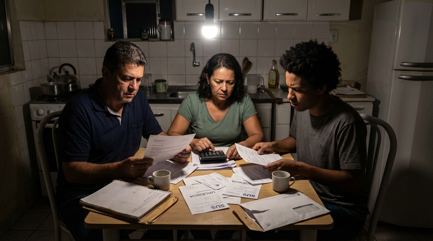 Família brasileira preocupada na mesa da cozinha analisando contas e negativas de fornecimento de remédios - estelionato contra o SUS