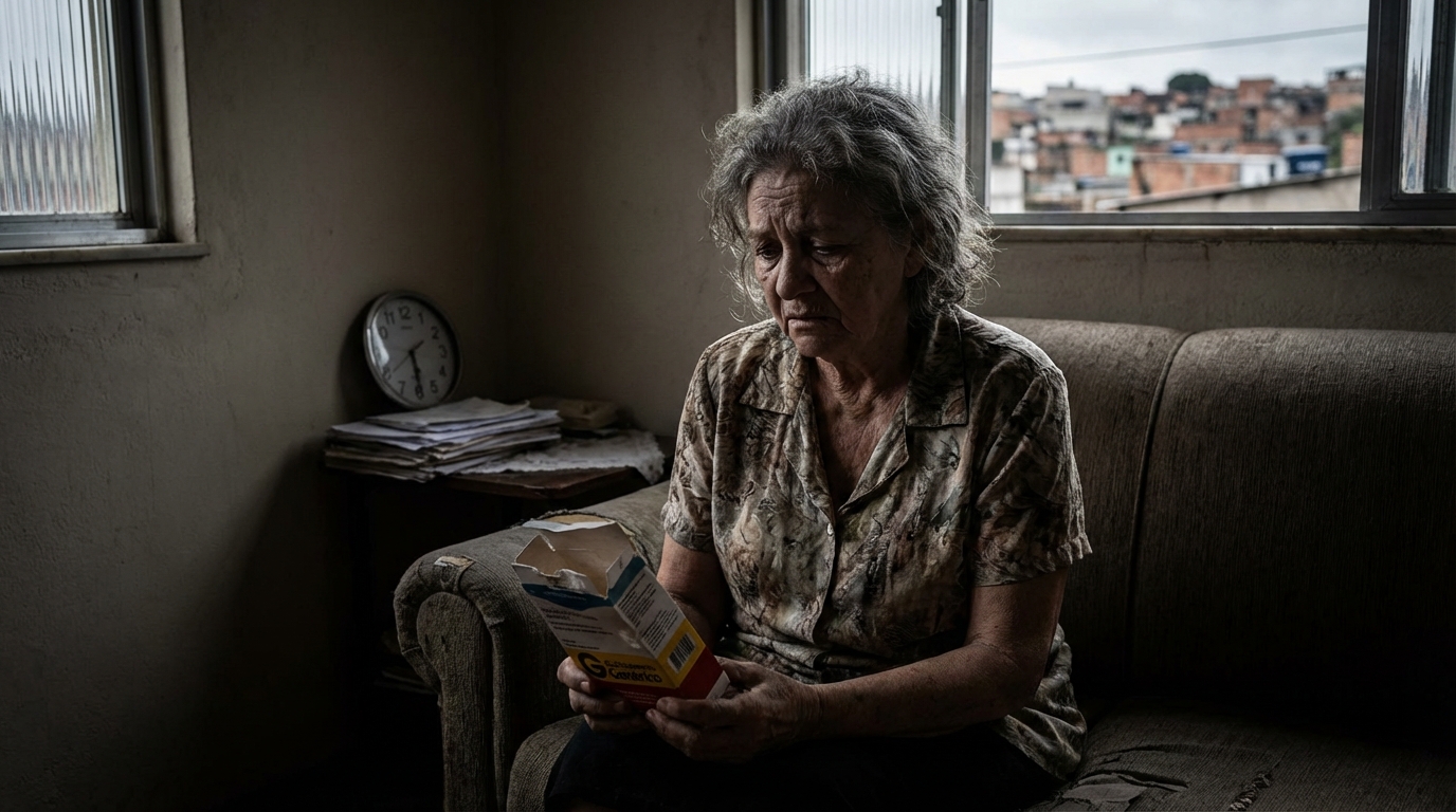 Mulher brasileira idosa com expressão de tristeza segurando uma caixa de medicamento vazia na sala de sua casa - defesa criminal para médicos