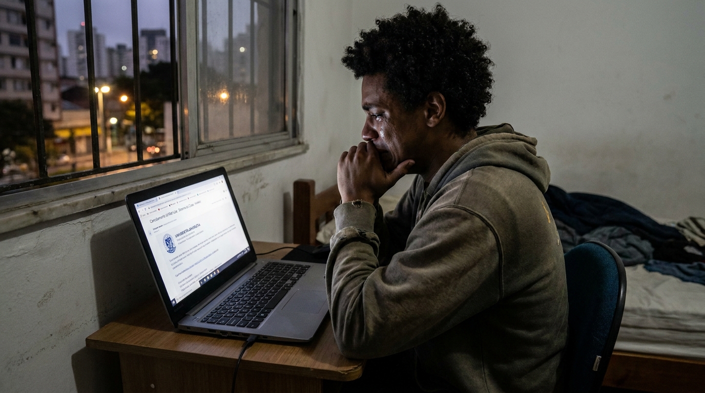 Jovem estudante negro brasileiro angustiado chorando enquanto olha para a tela do notebook em seu quarto com a notificação de cancelamento de matrícula cotas