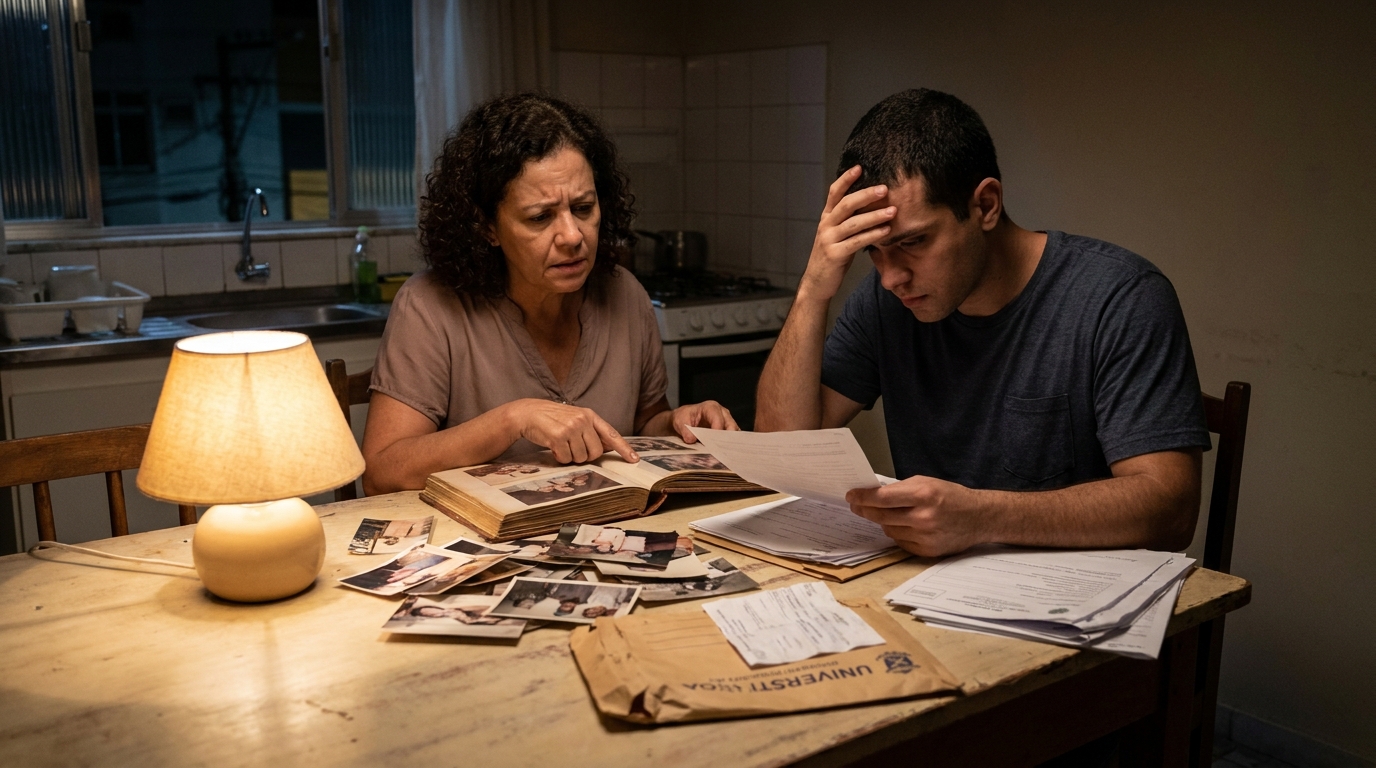 Mãe e filho brasileiros sentados na mesa da cozinha à noite, muito preocupados, revisando álbuns de fotos antigas da família e documentos médicos após notificação da universidade