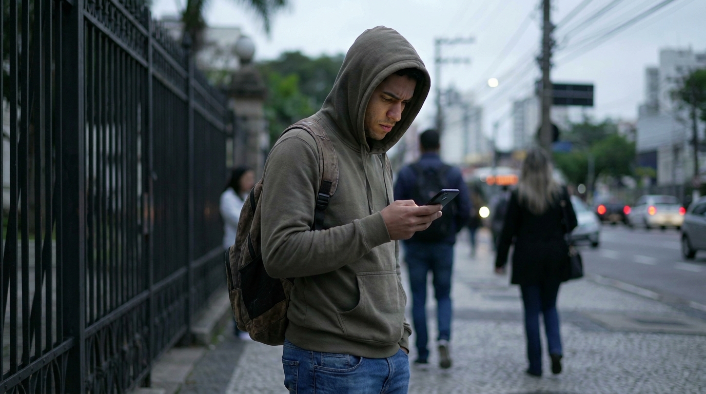 Estudante universitário brasileiro frustrado em pé do lado de fora dos portões da universidade com mochila nas costas olhando para o celular