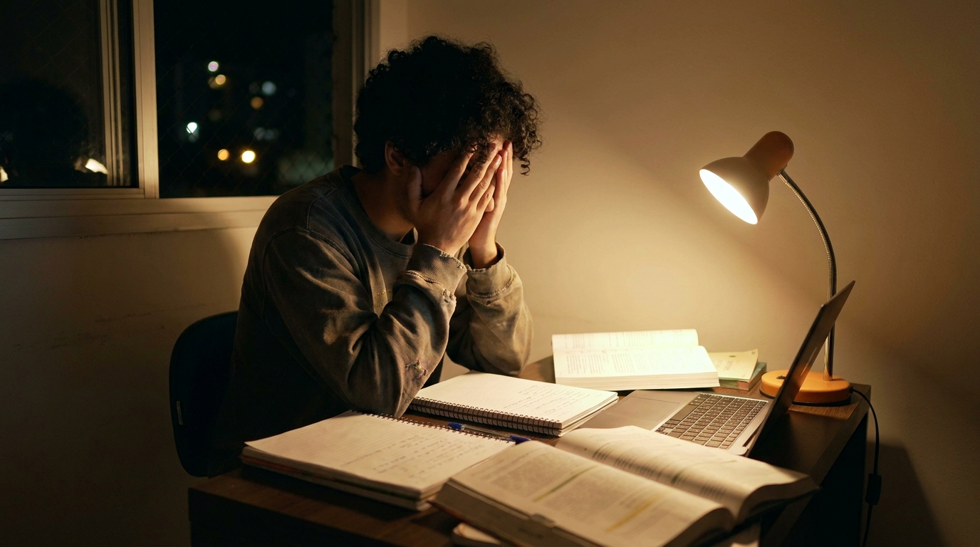 Estudante brasileiro exausto estudando até tarde da noite em sua escrivaninha cheia de cadernos e livros, parecendo sobrecarregado e preocupado com seu futuro acadêmico