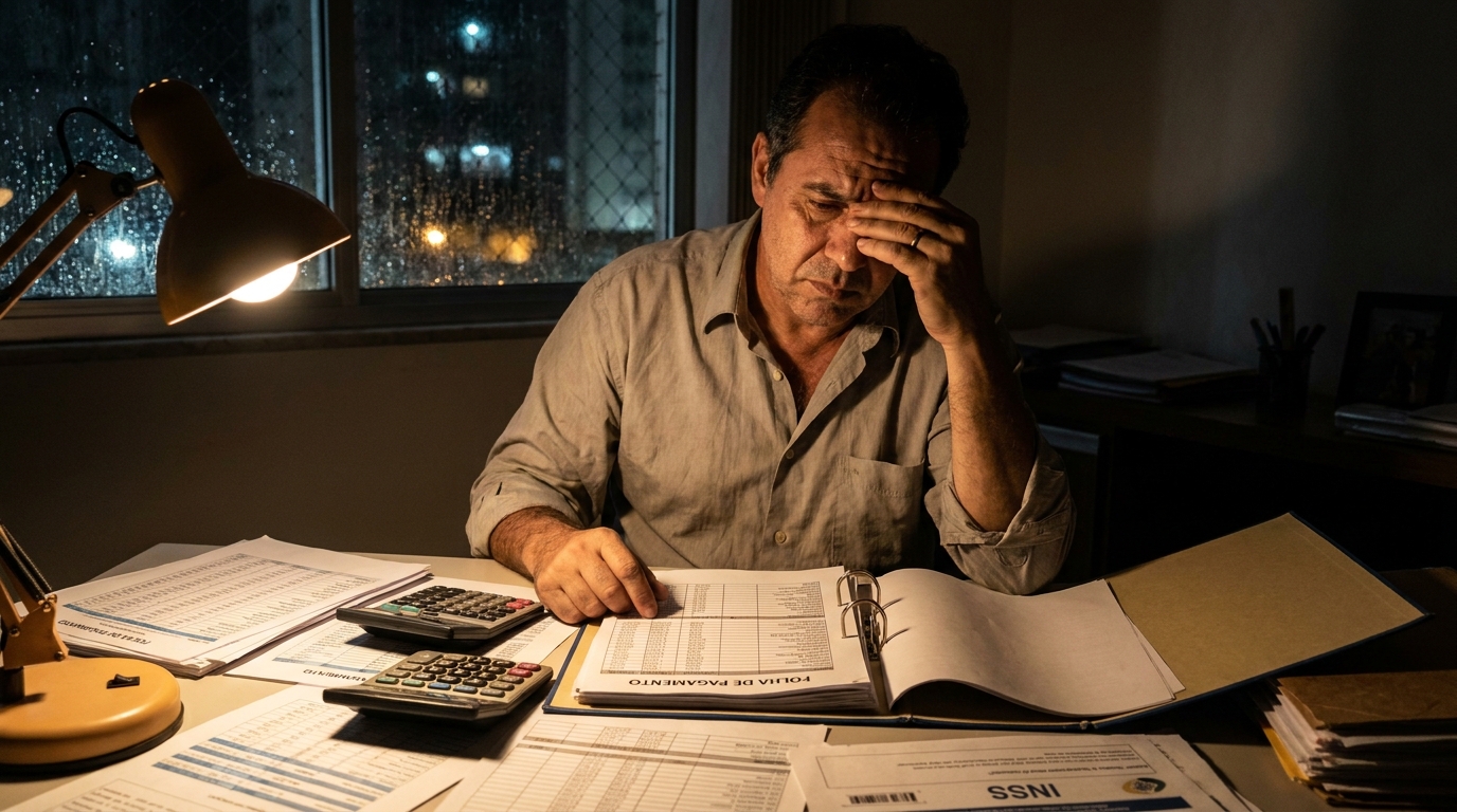 Empresário brasileiro de meia idade com expressão de preocupação profunda analisando planilhas de custos tributários em um escritório mal iluminado