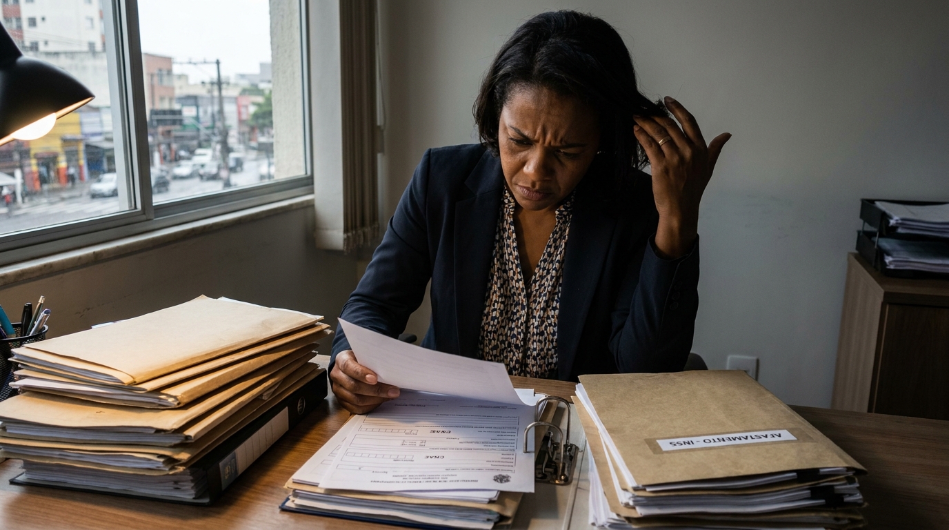Gestora de RH brasileira negra organizando prontuários e pastas físicas em uma mesa de escritório com expressão de foco intenso