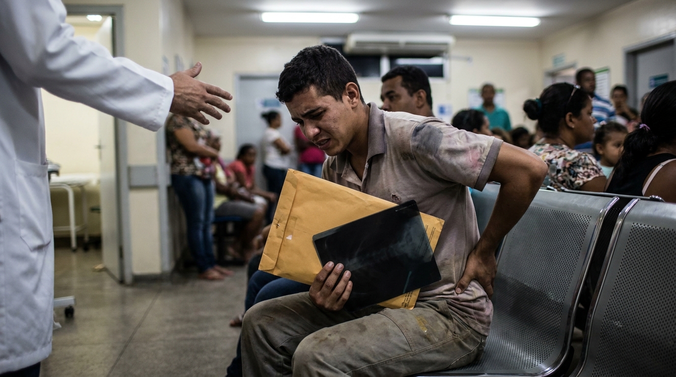Trabalhador brasileiro jovem em consultório médico do SUS segurando exames de raio-x e com expressão de dor aguda nas costas