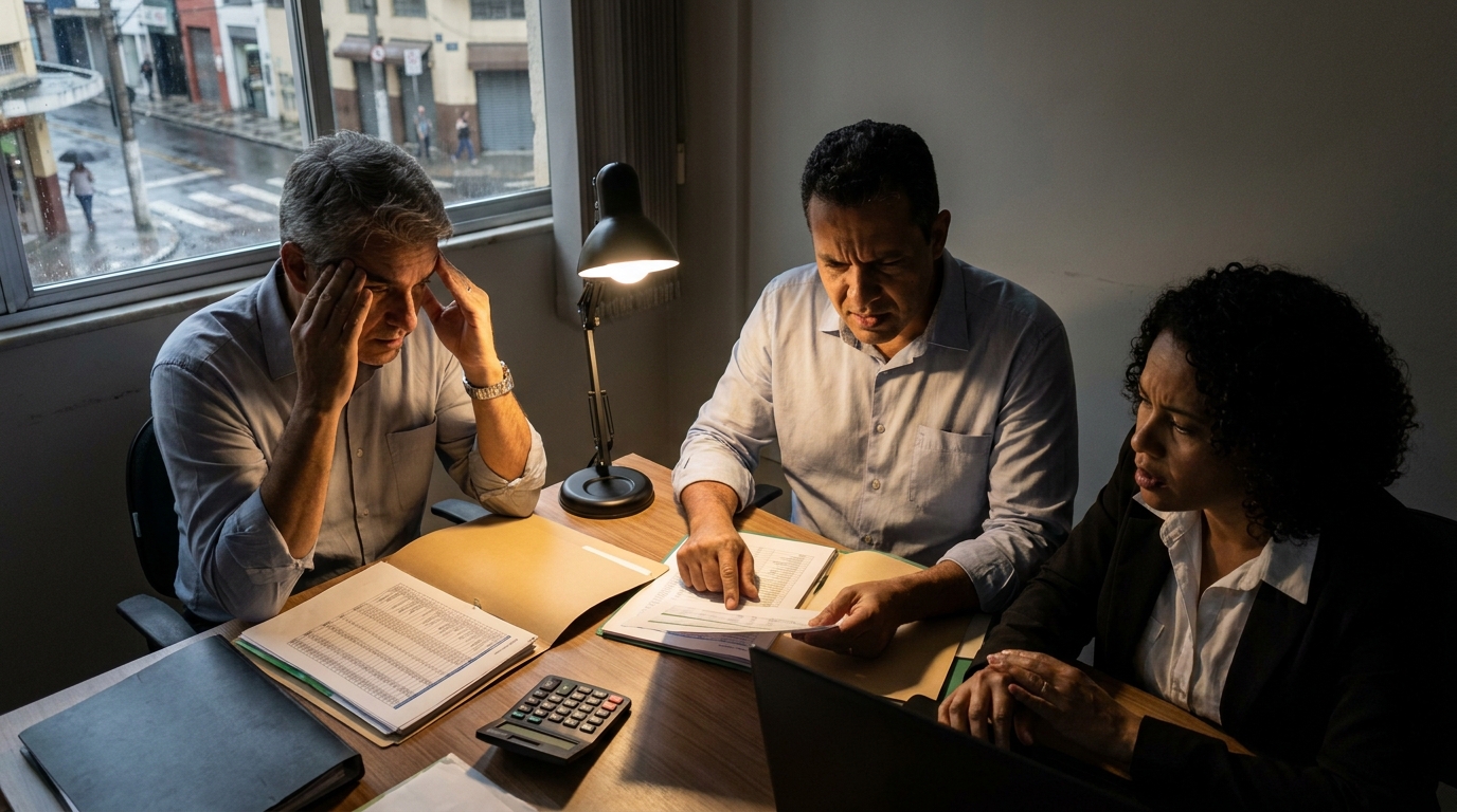 Sócios de pequena empresa brasileira em reunião tensa de diretoria discutindo papéis sobre o aumento dos custos da folha de pagamento